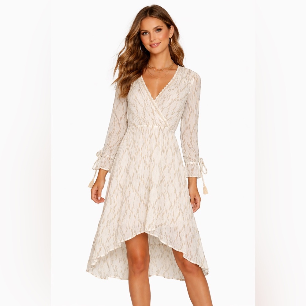 RAGA Women’s XS Cream, Lurex and Brown‎ Long Sleeve Dress, Boho, Flowy